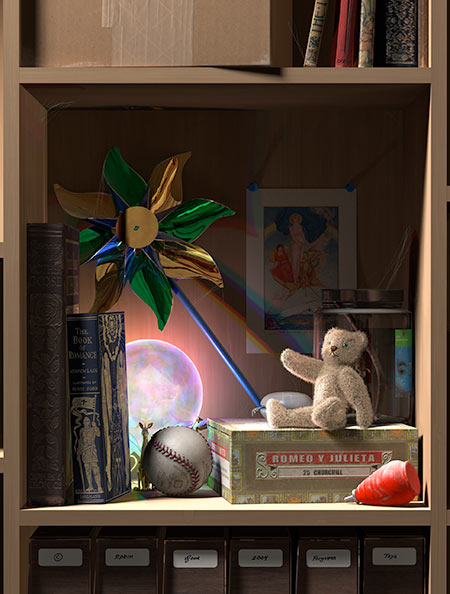 A magic crystal ball glows on a dusty, forgotten shelf.