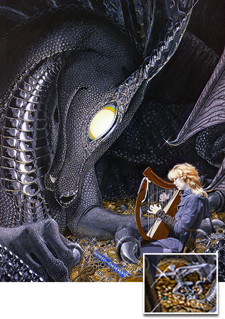 A dragon and his harper, with a treasure detail.