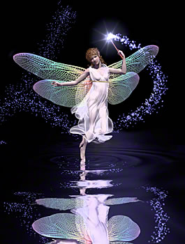 dragonfly pixie dancing on mignight water
