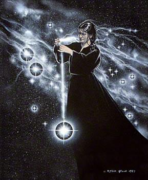 woman using a drop spindle to spin stars from nebulae