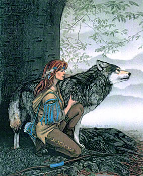 Young female warrior with wolf