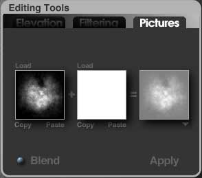 The Pictures tab, showing a terrain in the left thumbnail, a plus sign, thena blank white image in the middle, an equals sign, and a very light terrain. 