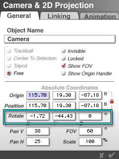 The Camera & 2D Projection Dialog box, with the Rotate controls highlighted
