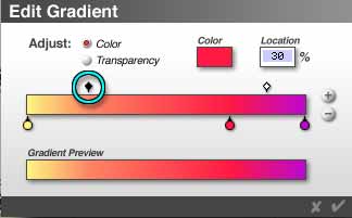 Gradient Editor; the same gradient, but the midpoint between the yellow and red has been moved to 30%, and the red slider has been moved far to the right.