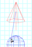 Wireframe view of the blue line leading from the center of the light to the sphere. The sphere is blue, in the wireframe, while the lamp is red (because it's selected.)