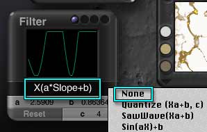 The Filter Dialog, with the graph showing which filter is being used, and the menu with None at the top