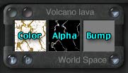A Component Palette, with the Color (on the left,) Alpha (in the middle,) and Bump (on the Right) all labeled.