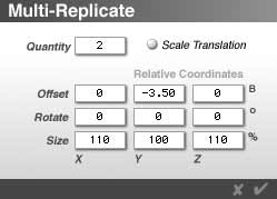 Multi-Replicate Dialog, with 2 copies, and the Offest and Size rows changed as per the text