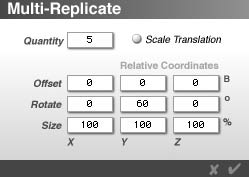 Multi-Replicate. Making 5 copies, that are rotated 60° on the Y axis.