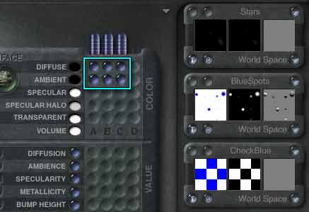 Material Lab. 3 Components, with dots in A, B and C for Diffuse and Ambient. Component 3 is a checkerboard, with a checkerboard in the Alpha channel.