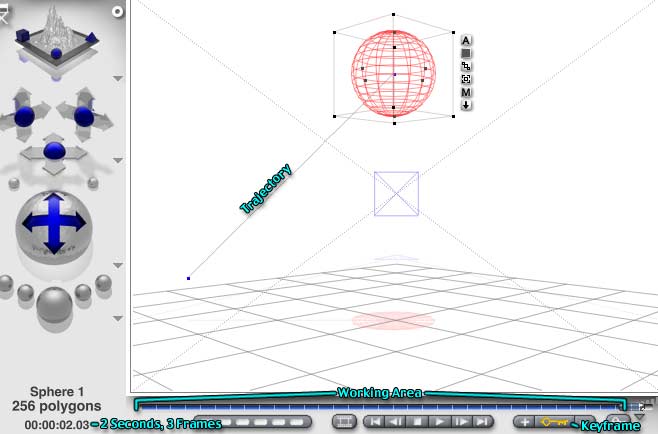 Most of the window, showing the Time Display at 02.03 (Two seconds, 3 Frames) and a trajectory line to the sphere, with the working area showing blue.