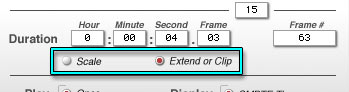 "Scale" and "Extend or Clip" radio buttons, under the Duration line