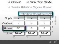 Object Attributes dialog, with the Definition Coordinates showing. The Rotate text field has 90 in the X box.