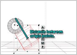 Torus and cube both tilted, the distance between origin points line goes from center of cube to top center of torus