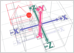 Wireframe of Axes, from Beginning Bryce, with the pyramid showing that the wide side is Z, and the sphere is in +X, +Z