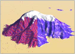 a mountain, with the Square texture on one side, the Random on the other. The top is white, and the ground is yellow (sand)