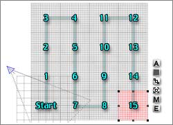 16 tiles, bottom left is Start, then up (1,2,3) over one to the right (4), then down (5, 6, 7) one to the right, and so on, ending with 15 in the bottom right