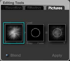 Terrain Editor, Pictures Tab; left thumbnail contains an eroded terrain, and is circled. (Middle still has ring wall.)