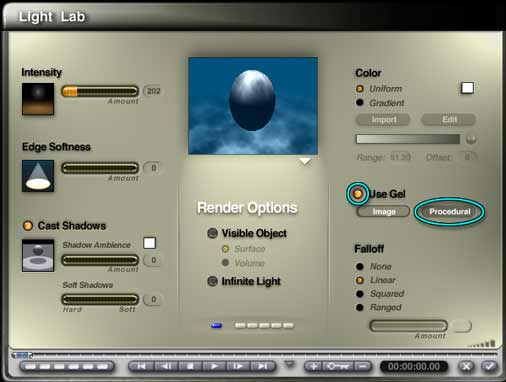 Light Lab, showing sphere underwater. Use Gel is enabled, with Procedural circled