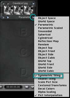 Material Lab, Component Palette; mapping menu showing, with Symmetric Tiling highlighted