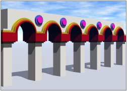 Render; Aqueduct, with blue and magenta disks between arches