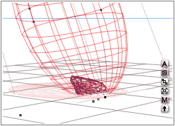 Wireframe; rock with a large sphere all around it, on ground plane