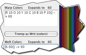 Six stripes of 10 threads each, and no flip, for an Expansion value of 60. When the weft is all one color, you get stripes!